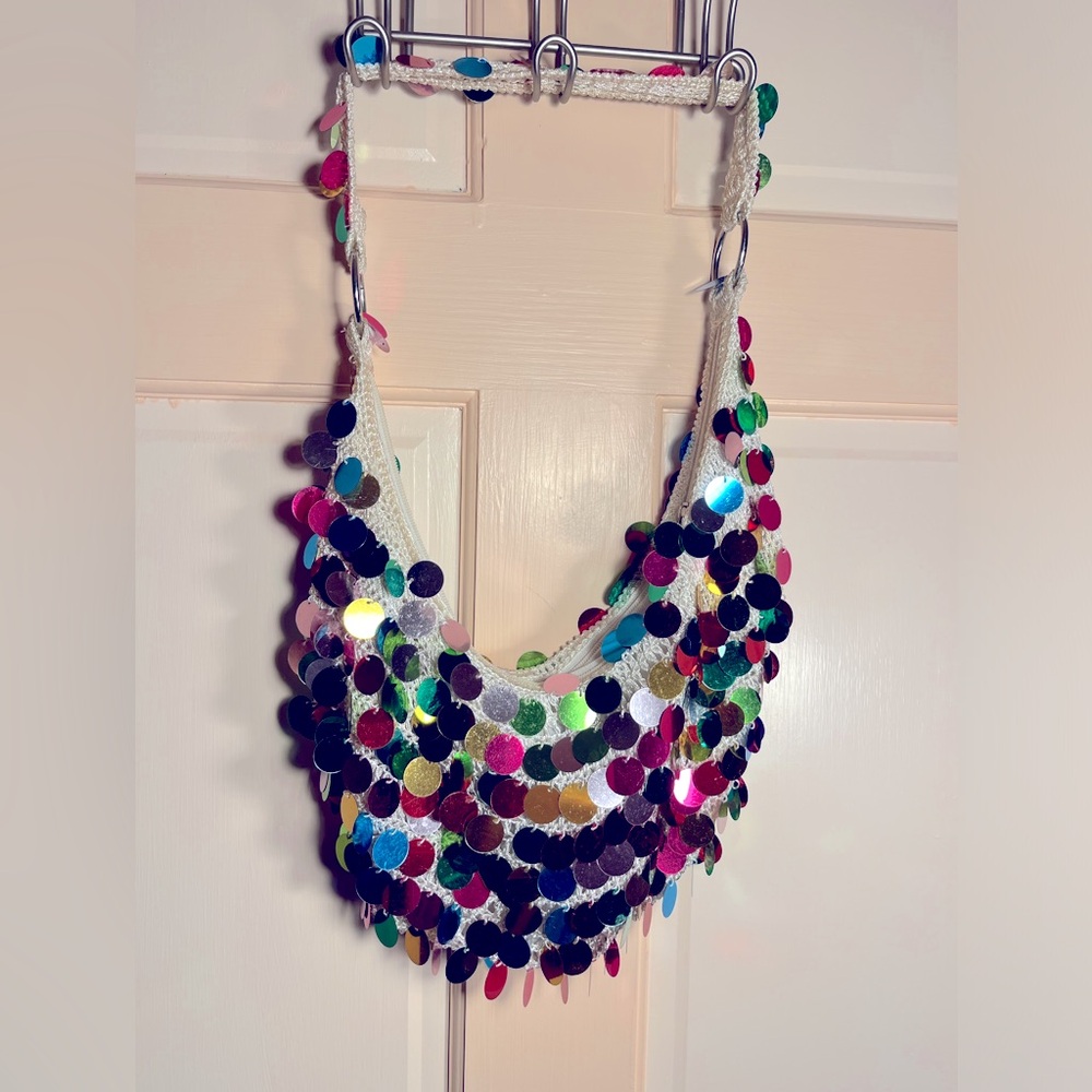 Crochet  shoulder bag with large multicolored sequins